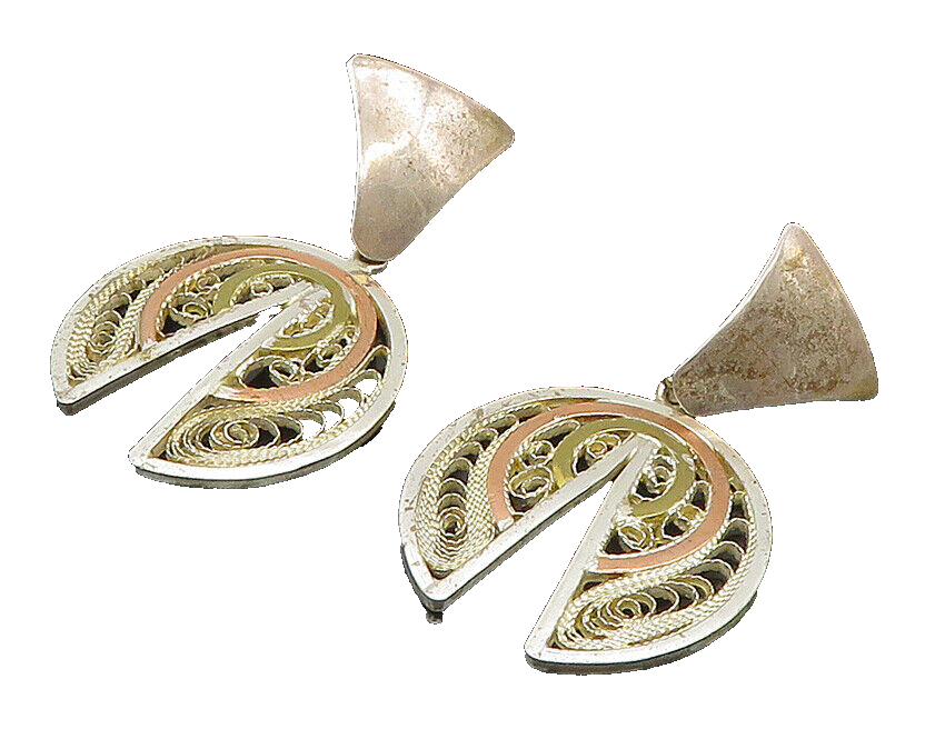 EUROPEAN 925 Sterling Silver  Vintage 3Tone Filigree Dangle Earrings  EG11561