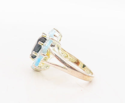925 Sterling Silver Vintage Ring Oval Onyx Halo Blue Topaz Flower  Sz 7 RG31122