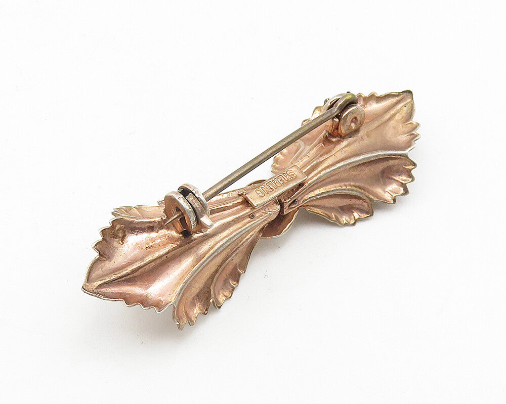 925 Sterling Silver  Vintage Shiny Floral Leaf Bow Motif Brooch Pin  BP4223