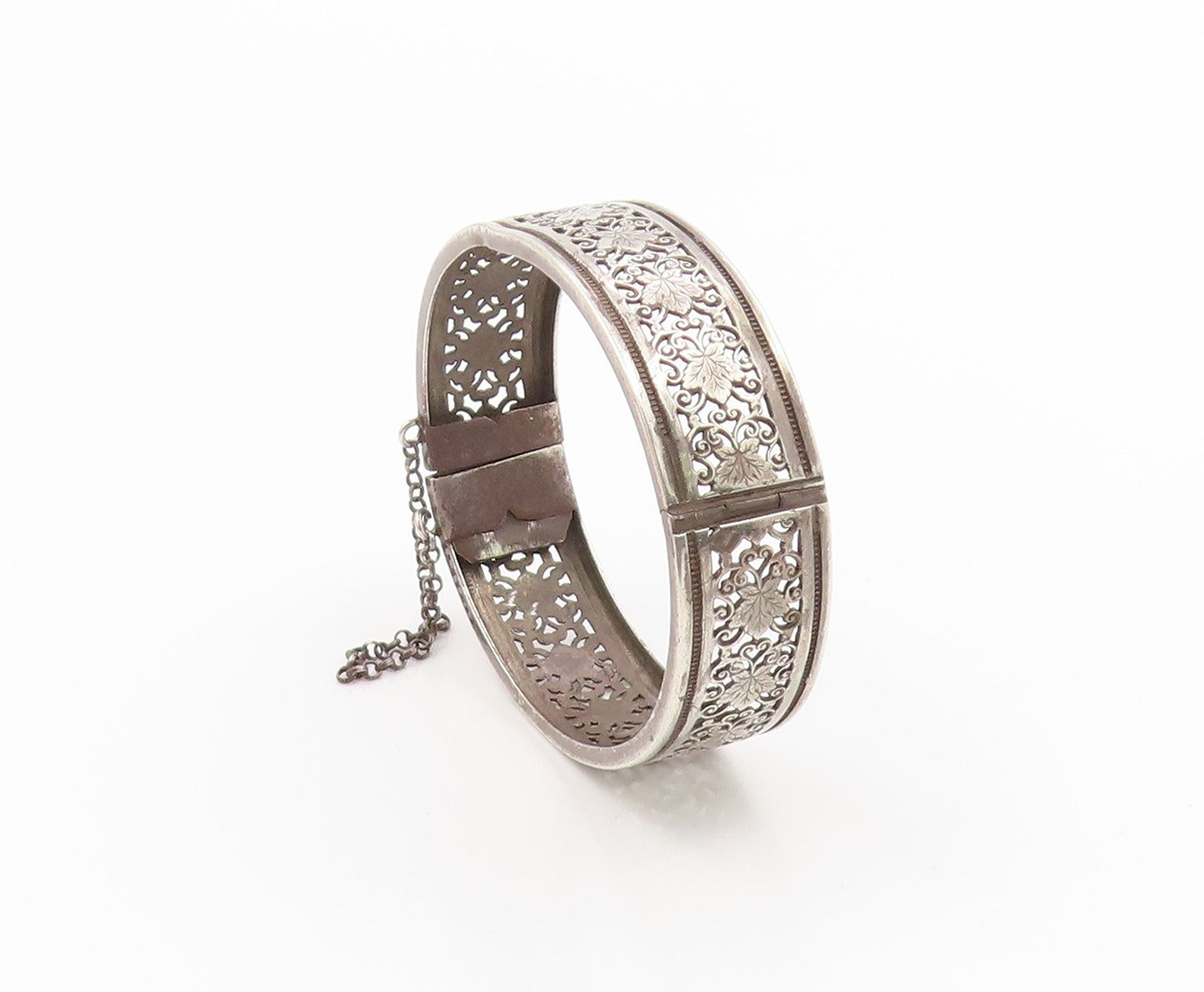 925 Sterling Silver Vintage Bracelet Antique Floral Openwork Bangle  BT12011
