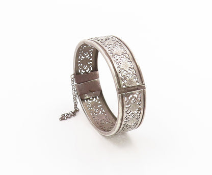 925 Sterling Silver Vintage Bracelet Antique Floral Openwork Bangle  BT12011