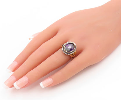 925 Sterling Silver Vintage Ring Gold Plated Faceted Amethyst Band Sz 6 RG34755