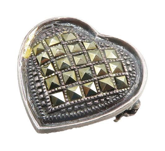 925 Sterling Silver  Vintage Marcasite Love Heart Dark Tone Brooch Pin  BP5652