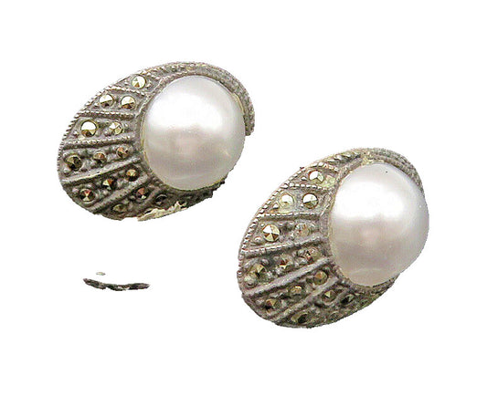 JUDITH JACK 925 Silver   Vintage Pearl Dome & Marcasite Drop Earrings  EG11096