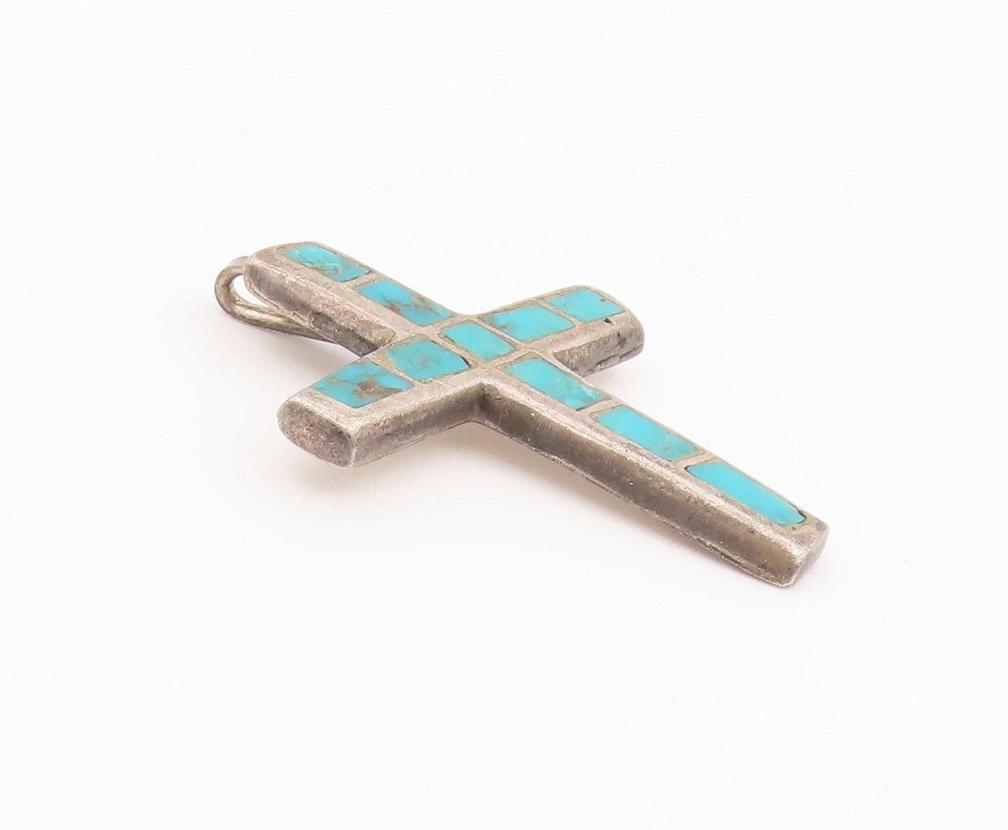 925 Sterling Silver Vintage Pendant Turquoise Inlay Religious Cross  PT26366