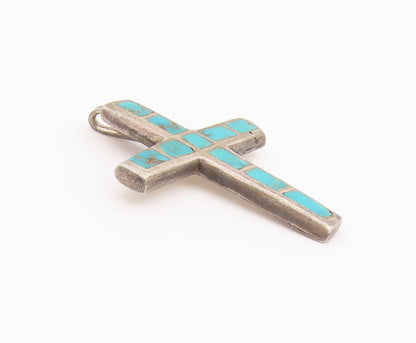 925 Sterling Silver Vintage Pendant Turquoise Inlay Religious Cross  PT26366