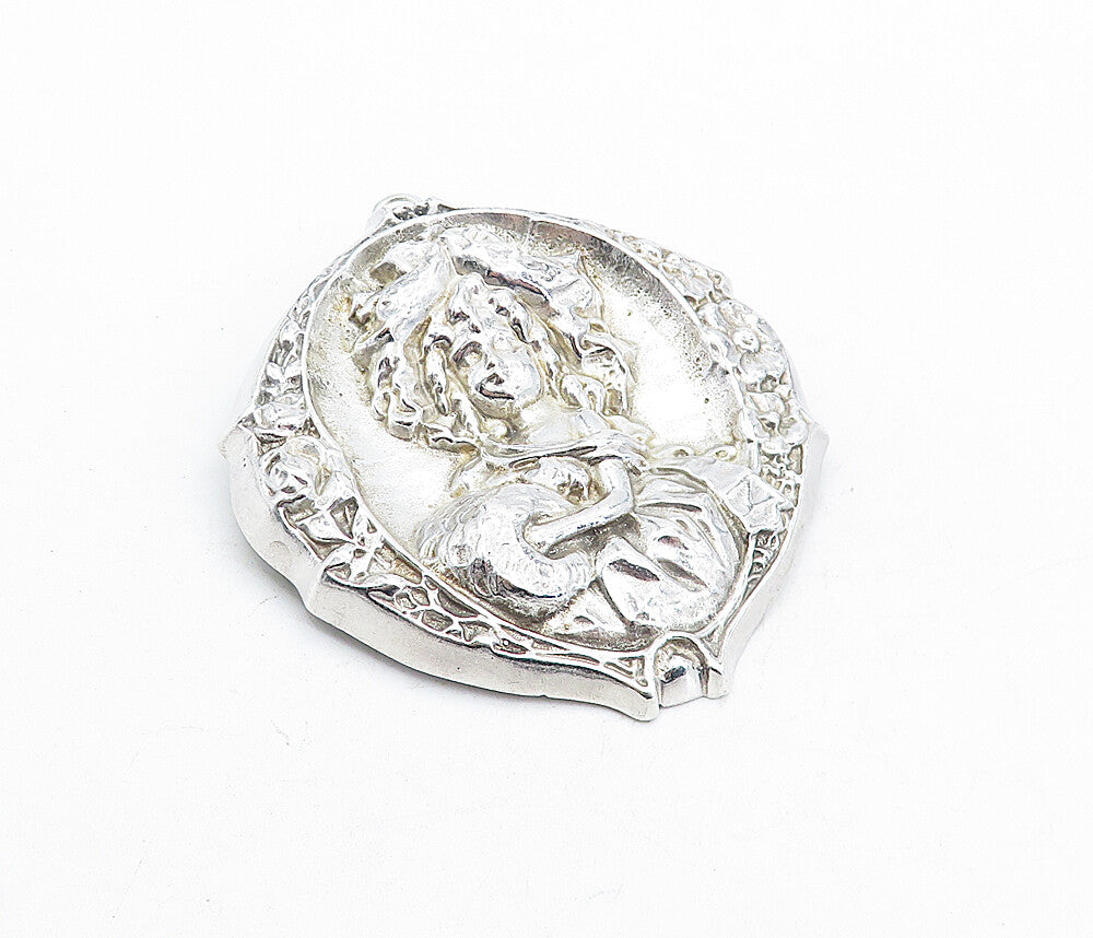 925 Sterling Silver  Vintage Woman Figure Floral Border Brooch Pin  BP1866