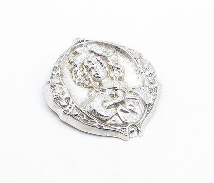 925 Sterling Silver  Vintage Woman Figure Floral Border Brooch Pin  BP1866