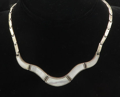 925 Sterling Silver  Vintage Inlaid Mother Of Pearl Chain Necklace  NE3232