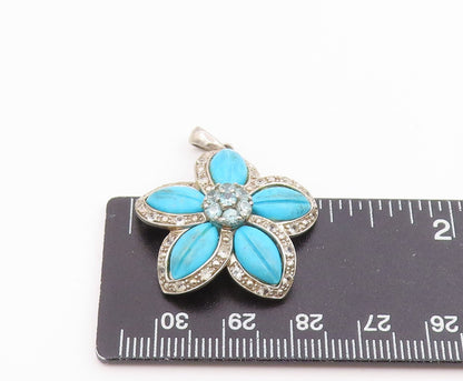 925 Sterling Silver Vintage Pendant Turquoise & Blue Topaz Floral Petal  PT26109