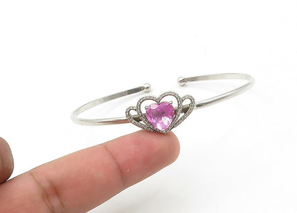 925 Silver  Vintage Genuine Diamonds & Pink Topaz Heart Cuff Bracelet  BT8541