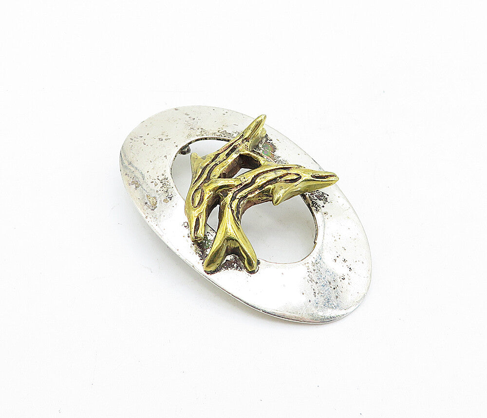 925 Sterling Silver  Vintage Shiny 2 Tone Leaping Dolphins Brooch Pin  BP1724