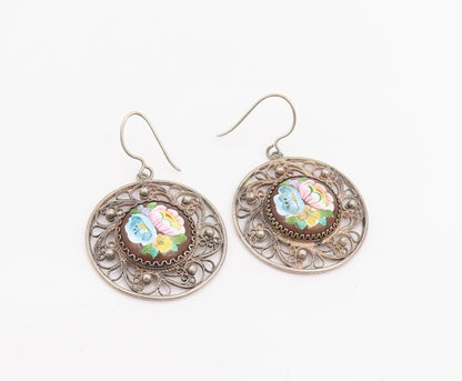 925 Sterling Silver Vintage Earrings Floral Enamel Filigree Dangle  EG14079