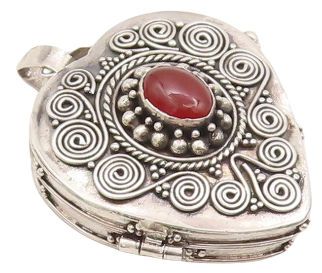 925 Sterling Silver Vintage Pendant Garnet Swirly Carved Heart (OPENS)  PT23448