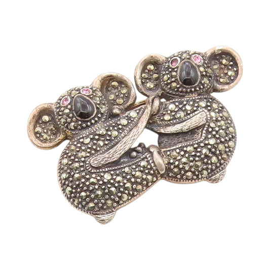 925 Sterling Silver Vintage Brooch Marcasite & Onyx Inlay Koala  BP11505