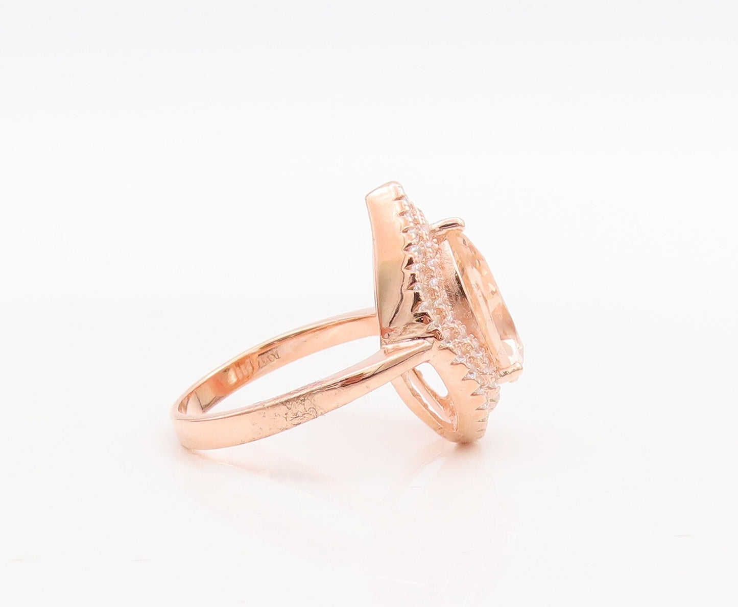 925 Sterling Silver Vintage Ring Drop Cut Morganite Halo CZ Bands Sz 7.5 RG29070