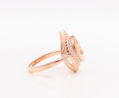 925 Sterling Silver Vintage Ring Drop Cut Morganite Halo CZ Bands Sz 7.5 RG29070