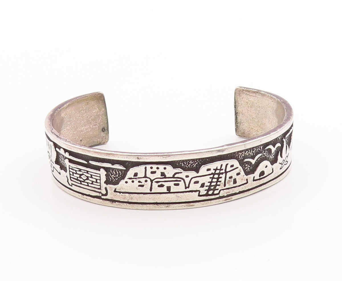 925 Sterling Silver Vintage Bracelet NAVAJO Village Life Carved Cuff  BT11342