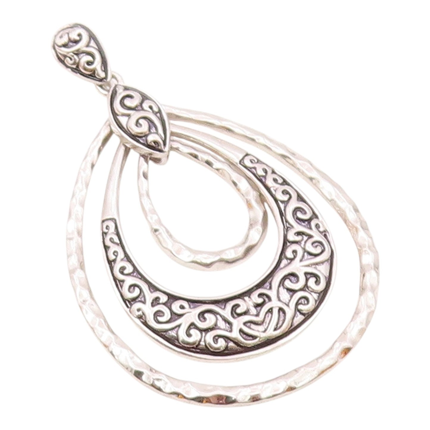 925 Sterling Silver  Shiny Graduated Tear Drop Hammered Swirl Pendant  PT13375