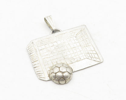 925 Sterling Silver  Vintage Etched Soccer Ball & Goal Sports Pendant  PT9639