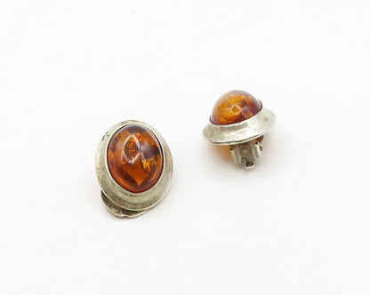POLAND 925 Silver  Vintage Cabochon Cut Amber Non Pierce Earrings  EG9739