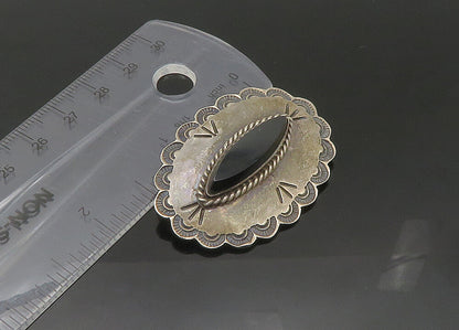 SOUTHWESTERN 925 Silver Vintage Black Onyx Etched Border Brooch Pin BP8737