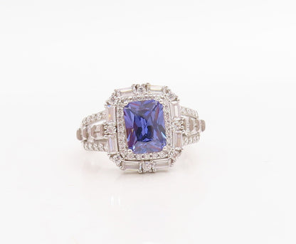 925 Sterling Silver Vintage Ring Rectangle Sapphire Halo CZ Inlay  Sz 7  RG30745