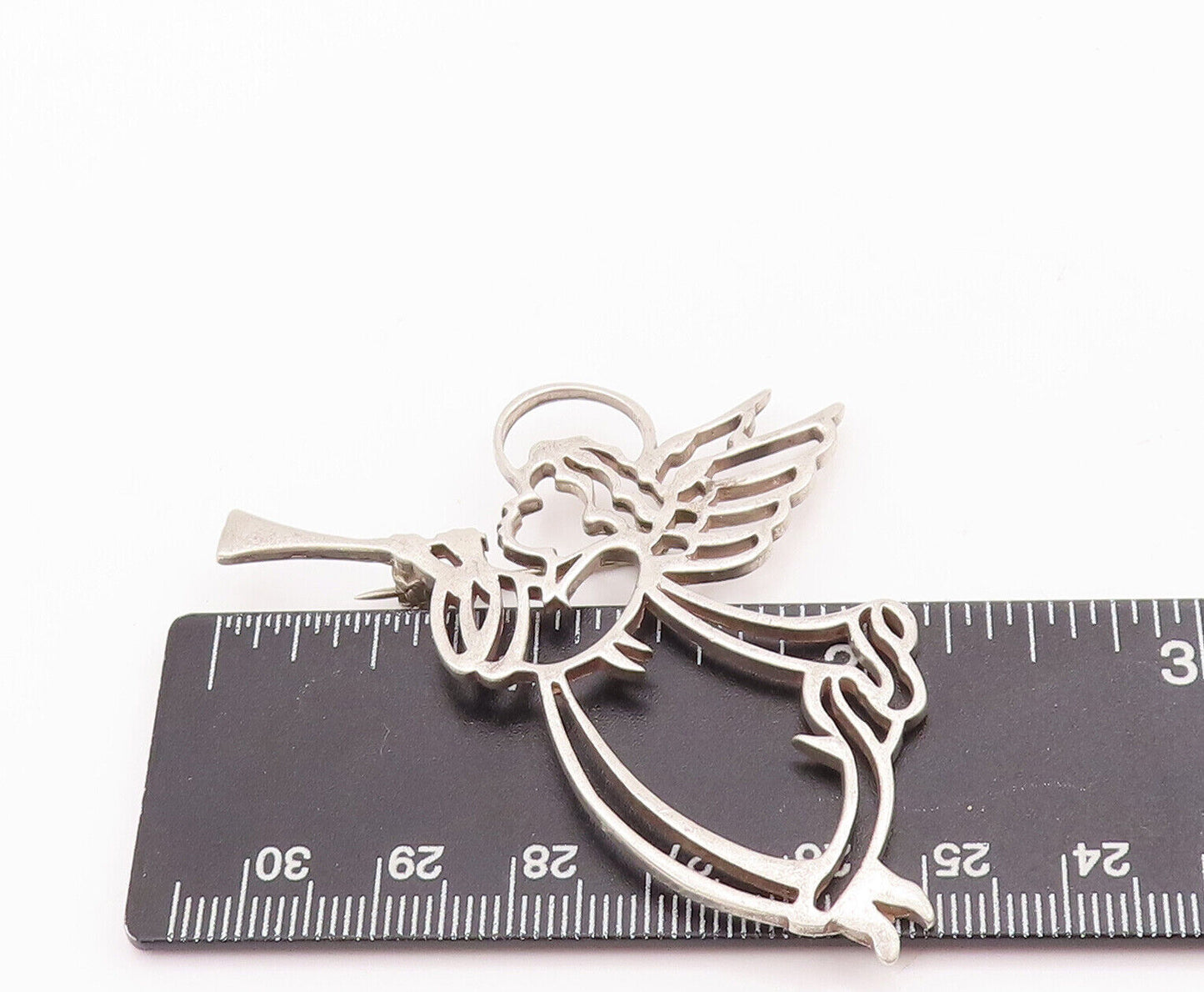 925 Sterling Silver Vintage Brooch Pin Angel Playing Music Stencil  BP10895