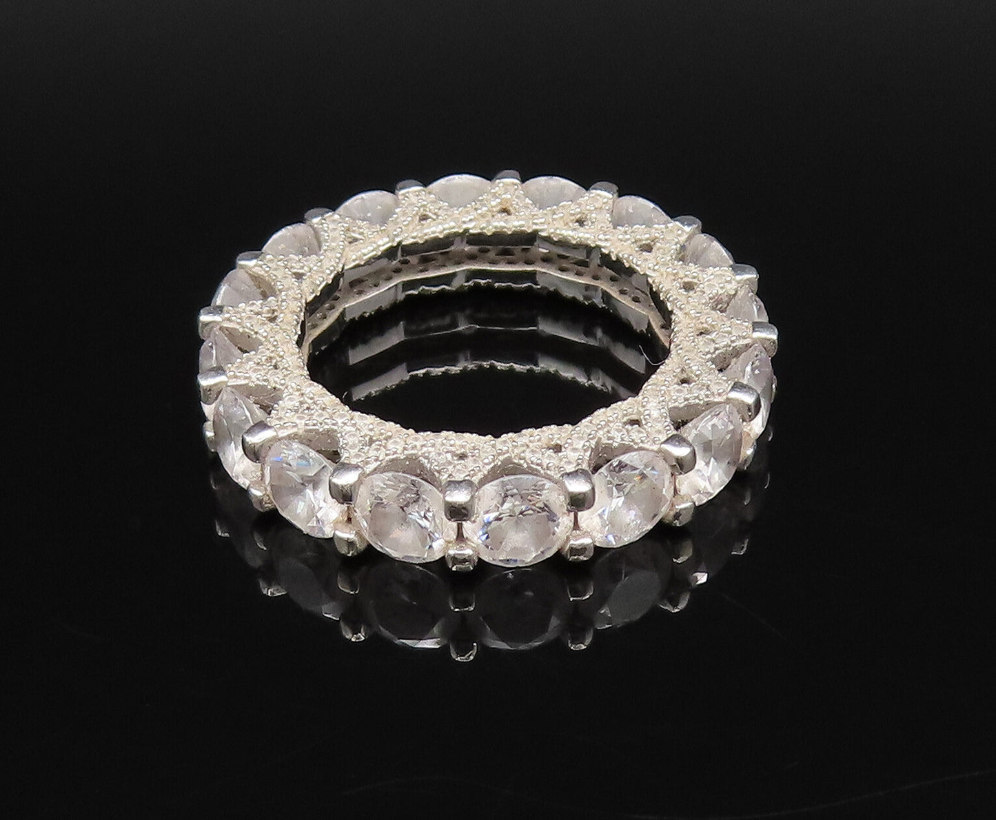 925 Silver  Vintage Star Detail & Cubic Zirconia Eternity Ring Sz 7.5  RG26097