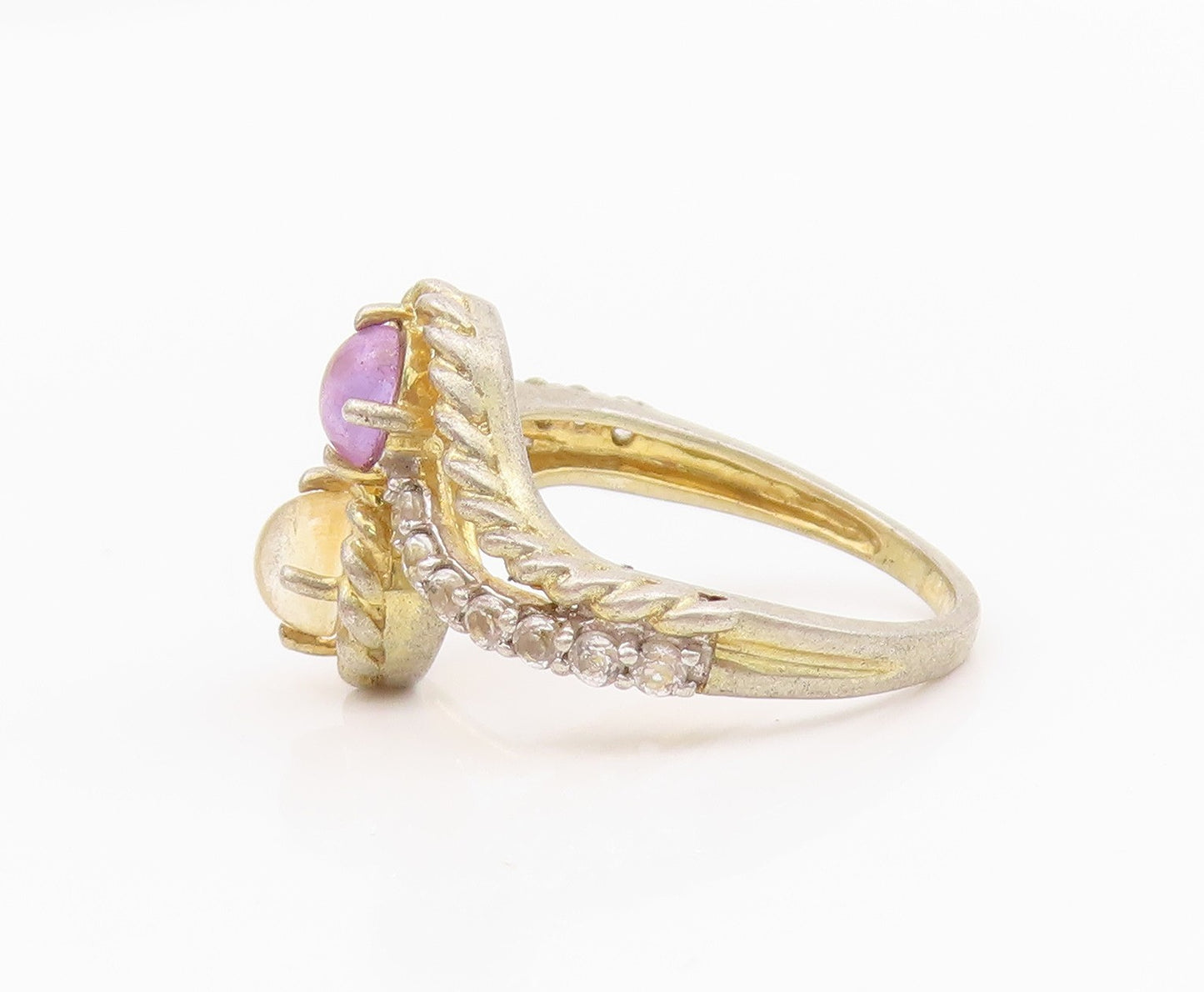 925 Sterling Silver Vintage Ring Gold Plated Roped Amethyst Citrine Sz 7 RG33015