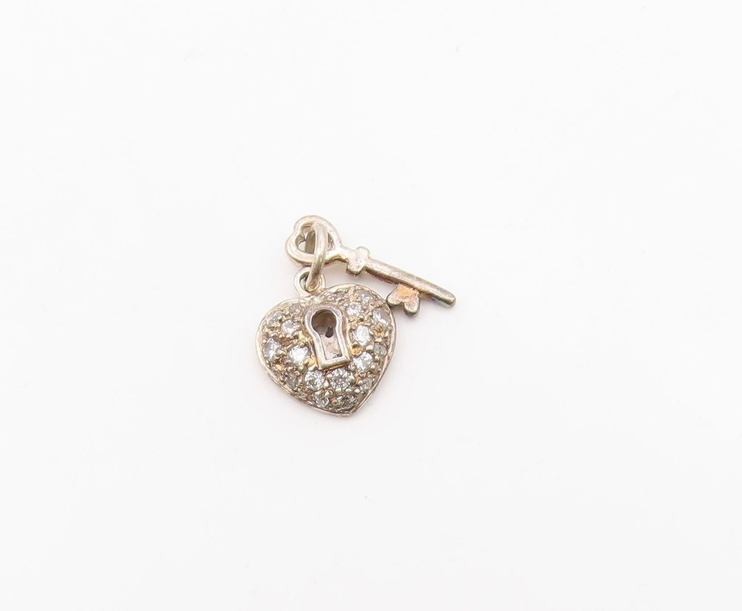 925 Sterling Silver Vintage Topaz Love Heart Lock & Key Charm Pendant PT21300