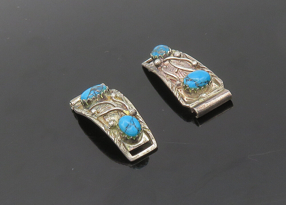 NAVAJO 925 Sterling Silver  Vintage Turquoise Floral Leaf Watch Clips  TR2719