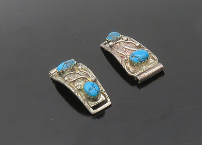NAVAJO 925 Sterling Silver  Vintage Turquoise Floral Leaf Watch Clips  TR2719