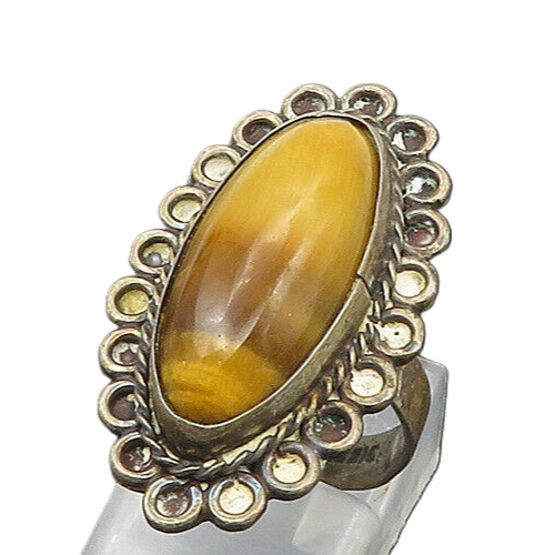 MEXICO 925 Silver  Vintage Tiger's Eye Floral Cocktail Ring Sz 7  RG17453
