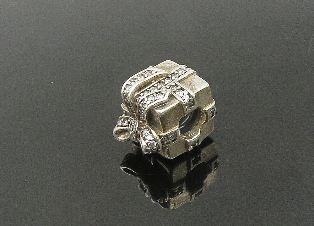 PANDORA 925 Silver  Vintage Shiny Topaz Gift Box Motif Slide Pendant  PT17498