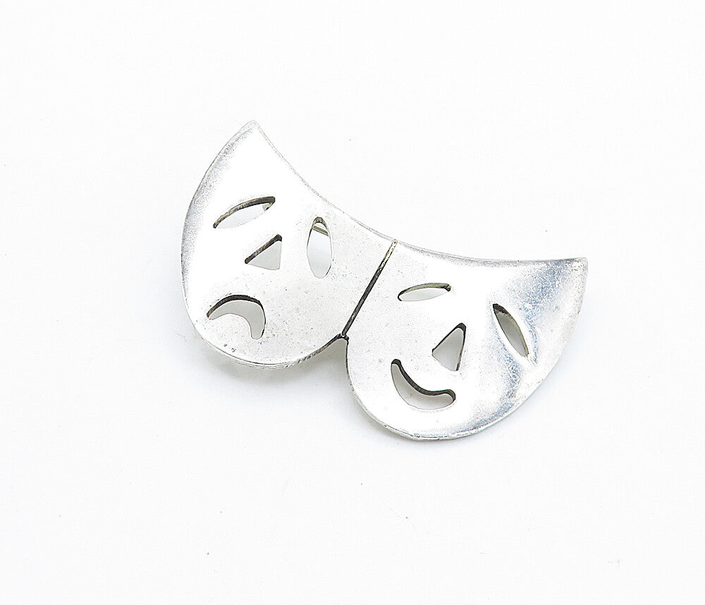 MEXICO 925 Sterling Silver  Vintage Happy Sad Theater Masks Brooch Pin  BP2626