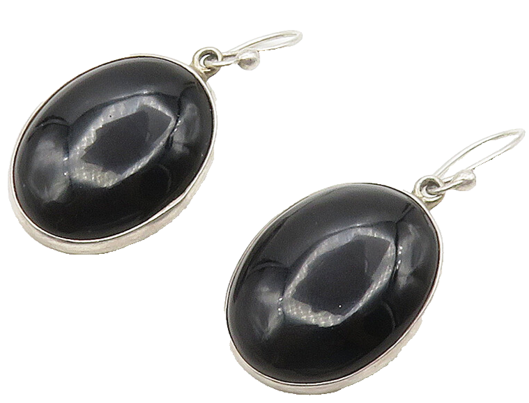925 Sterling Silver  Vintage Cabochon Cut Black Onyx Dangle Earrings  EG7972