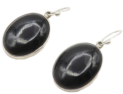 925 Sterling Silver  Vintage Cabochon Cut Black Onyx Dangle Earrings  EG7972