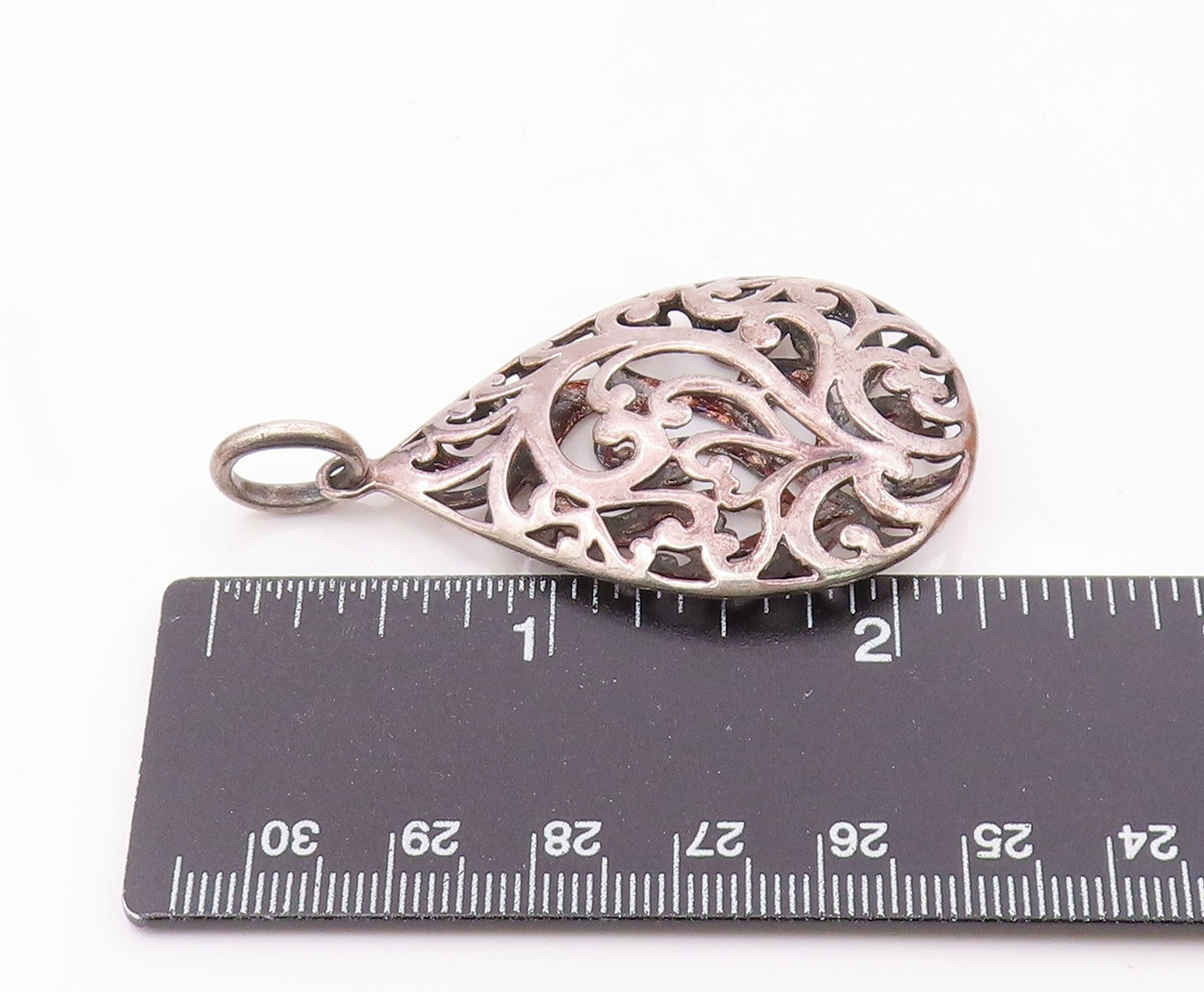 925 Sterling Silver  Vintage Pear Shaped Open Scroll Cutout Pendant  PT20983