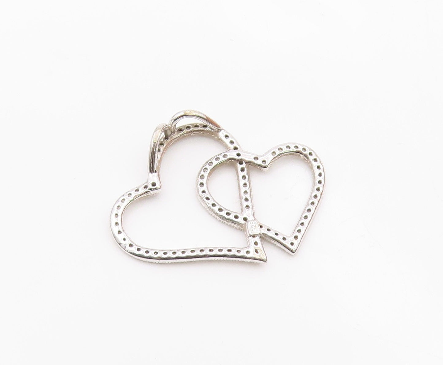 925 Sterling Silver  Shiny Genuine Diamonds Double Love Heart Pendant  PT8009
