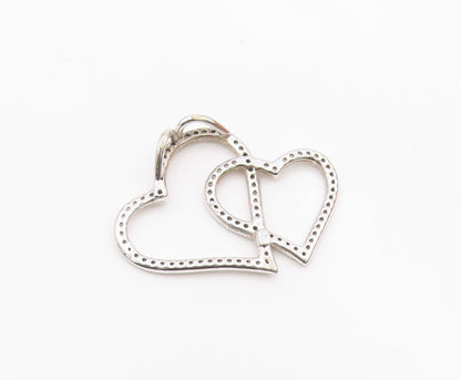925 Sterling Silver  Shiny Genuine Diamonds Double Love Heart Pendant  PT8009