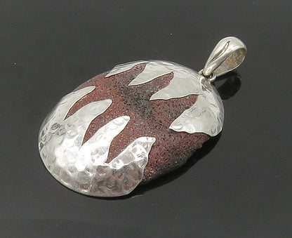 925 Sterling Silver  Vintage Dark Stone Shiny Hammered Detail Pendant  PT14376