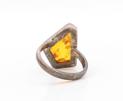 925 Sterling Silver Vintage Ring Amorphas Shape Cut Honey Amber  Sz 8.5  RG32677