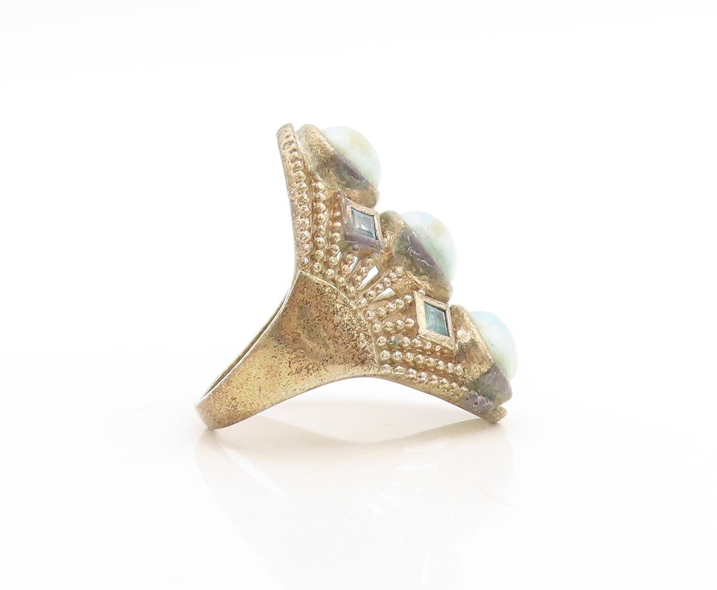 925 Sterling Silver Vintage Ring Bead Cutout Oval Larimar & CZ  Sz 10  RG31223