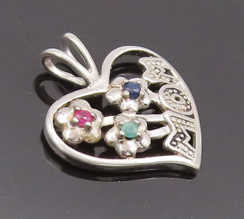 925 Sterling Silver Vintage Pendant Cutout Floral Topaz Heart For Mom  PT22627