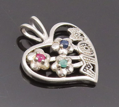925 Sterling Silver Vintage Pendant Cutout Floral Topaz Heart For Mom  PT22627