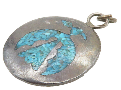 925 Sterling Silver Vintage Inlaid Turquoise Round Pendant PT13023