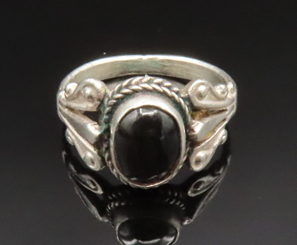 925 Sterling Silver Vintage Unique Black Cat's Eye Border Ring Sz 6  RG25209