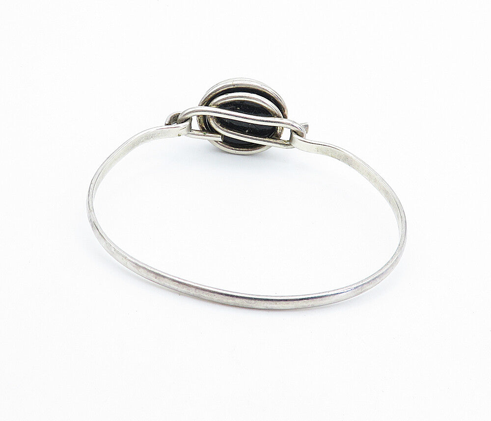 925 Sterling Silver  Vintage Cabochon Cut Black Onyx Cuff Bracelet  BT3163