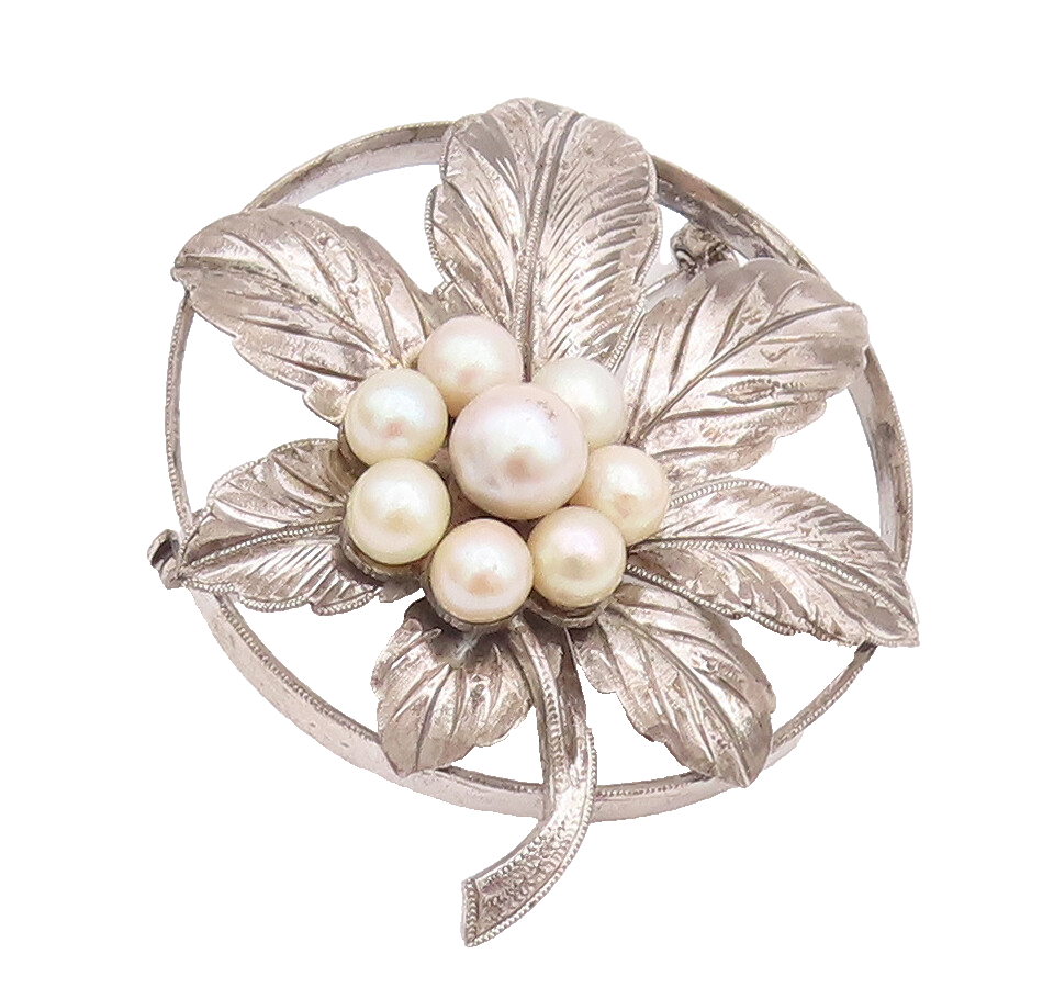 925 Sterling Silver Vintage Brooch Pin Pearls Carved Leaves Round Frame  BP10775